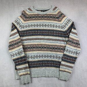J Crew Mercantile Mens Sweater Large Gray Fair Isle Crewneck Nylon Lambs Wool